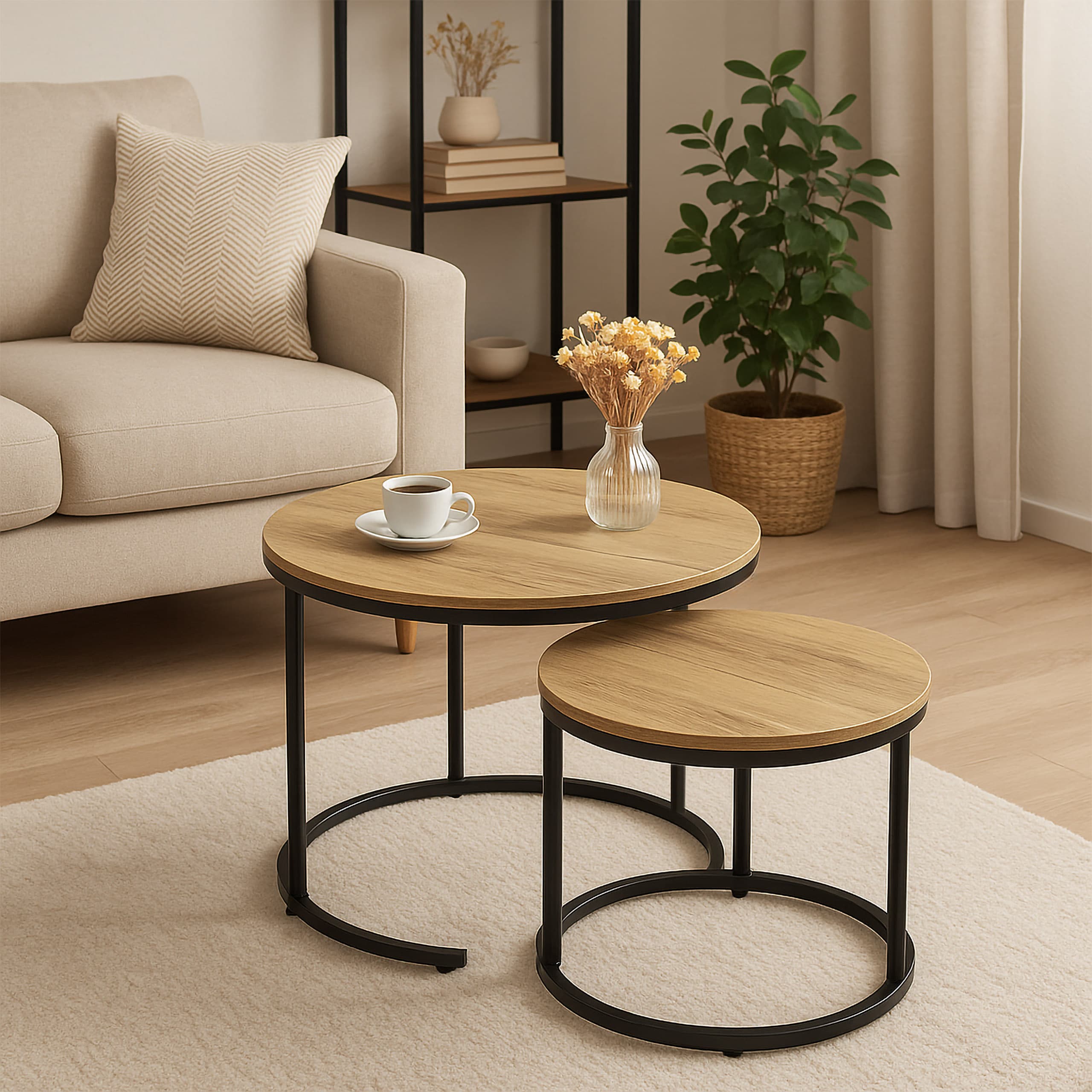 STOLIKI KAWOWE OKRĄGŁE ZESTAW STOLIKÓW LOFTOWY DĄB CRAFT 2w1