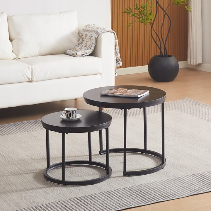 Stoliki Kawowe Loft Zestaw 2w1 Okrągłe Dąb Czarny Nowoczesny Design