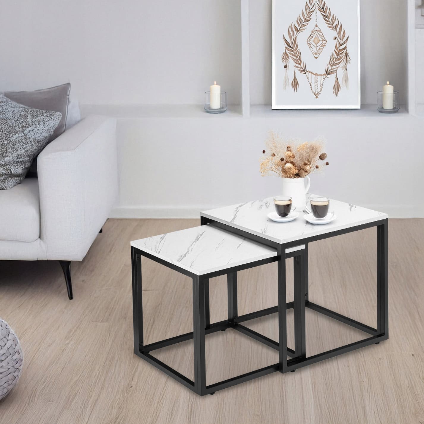 ZESTAW STOLIKÓW KAWOWYCH MARMUR 2w1 STOLIK ROZKŁADANE ŁAWA DO SALONU 50 CM