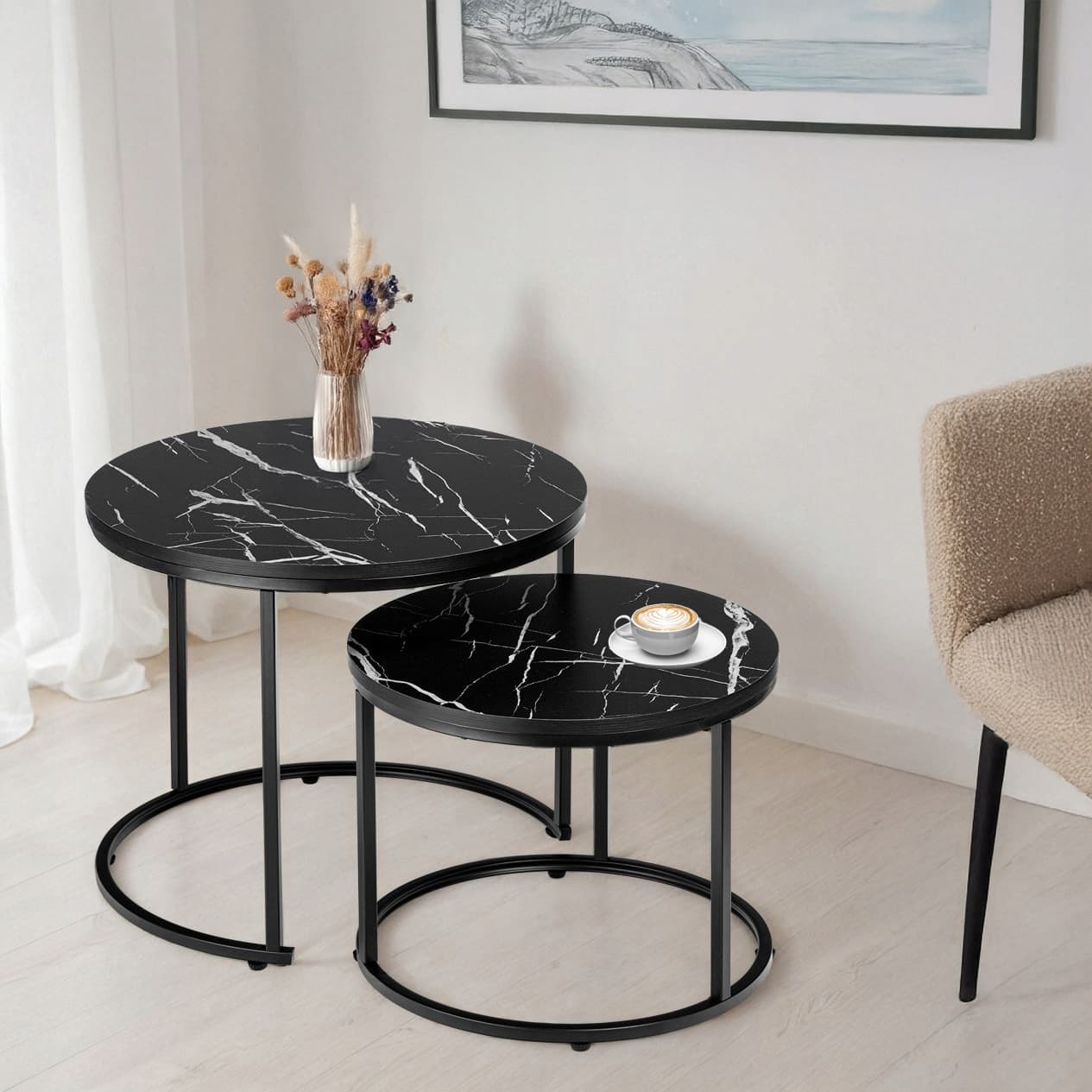 ZESTAW STOLIKÓW KAWOWYCH 2w1 OKRĄGŁE ROZKŁADANE ŁAWA DO SALONU LOFT MARMUR