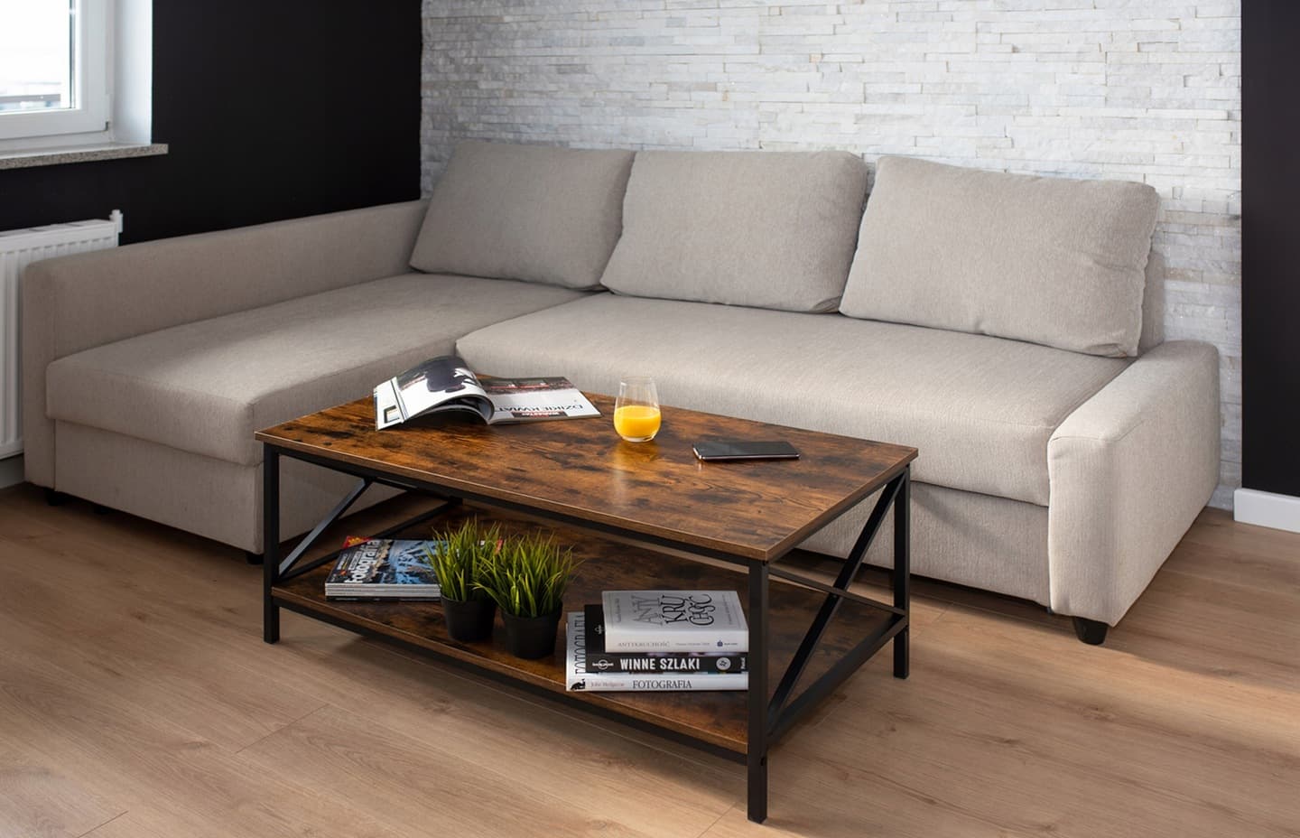 STOLIK KAWOWY RUSTYKALNY ŁAWA KAWOWA LOFT METALOWA Z PÓŁKĄ 100x55 cm