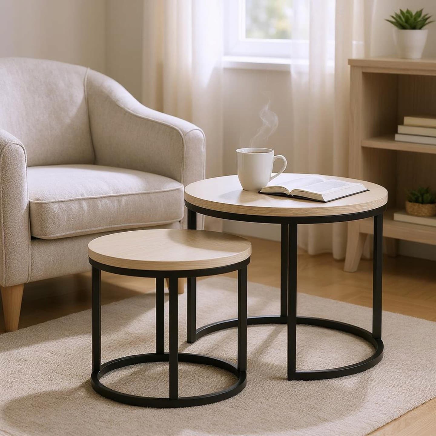 Stoliki Kawowe Okrągłe 2w1 kolor Dąb Jasny Bielony